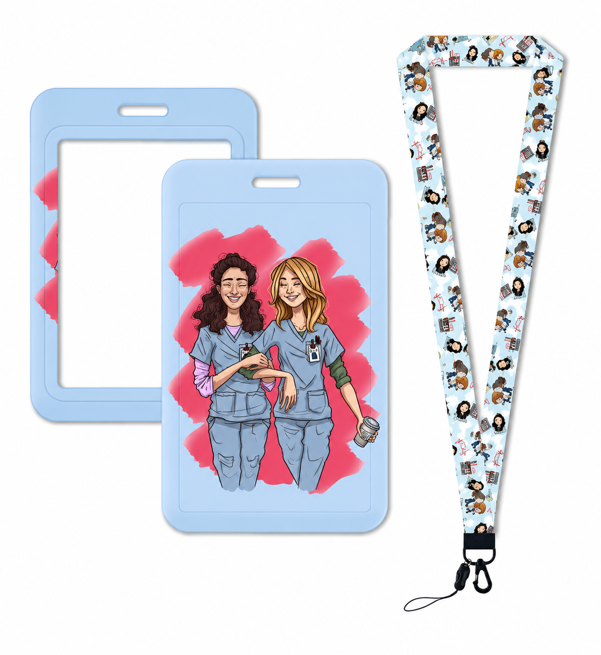 light blue card holder with 2 female figures with strap Zuena
