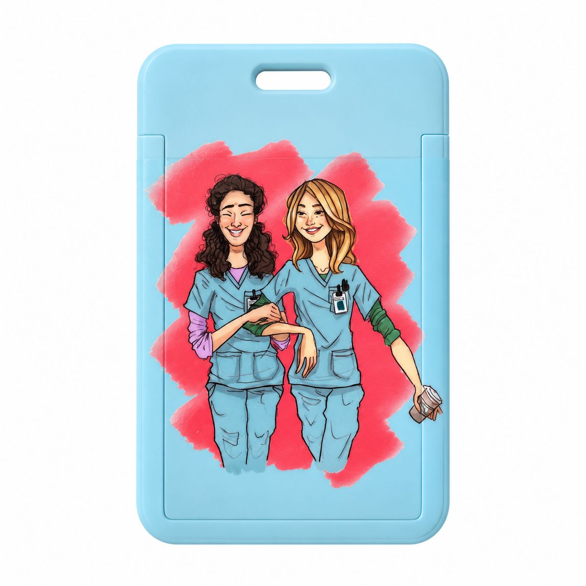 light blue card holder with 2 female figures with strap Zuena