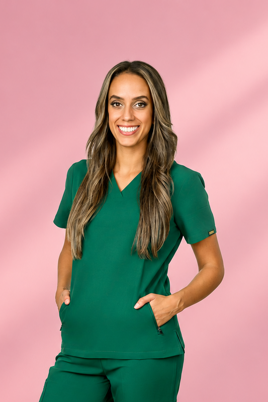 Zuena Sage Meadow V neck scrub top with zipper lock pockets Zuena