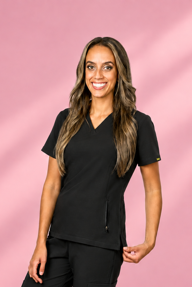 Zuena Midnight Forest V neck scrub top with zipper lock pockets Zuena