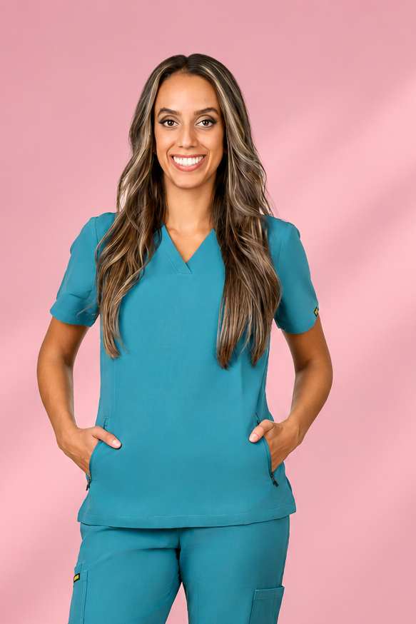 Zuena Deep Ocean Teal V neck scrub top with zipper lock pockets Zuena