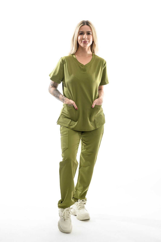 Olive Grove Scrubs Set for healthcare professionals, featuring durable and breathable fabric with practical pockets.
