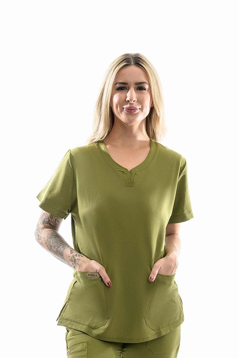 Zuena Olive Groove olive green scrub top with curved neck, short sleeves, three pockets, and side vents for healthcare professionals