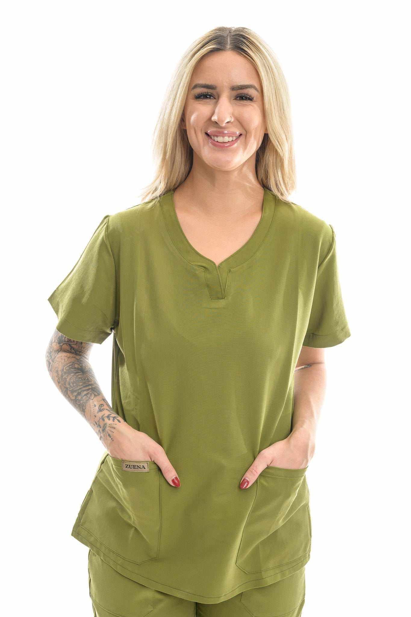 Olive Grove scrub sets for healthcare professionals, featuring durable, breathable fabric with multiple pockets.