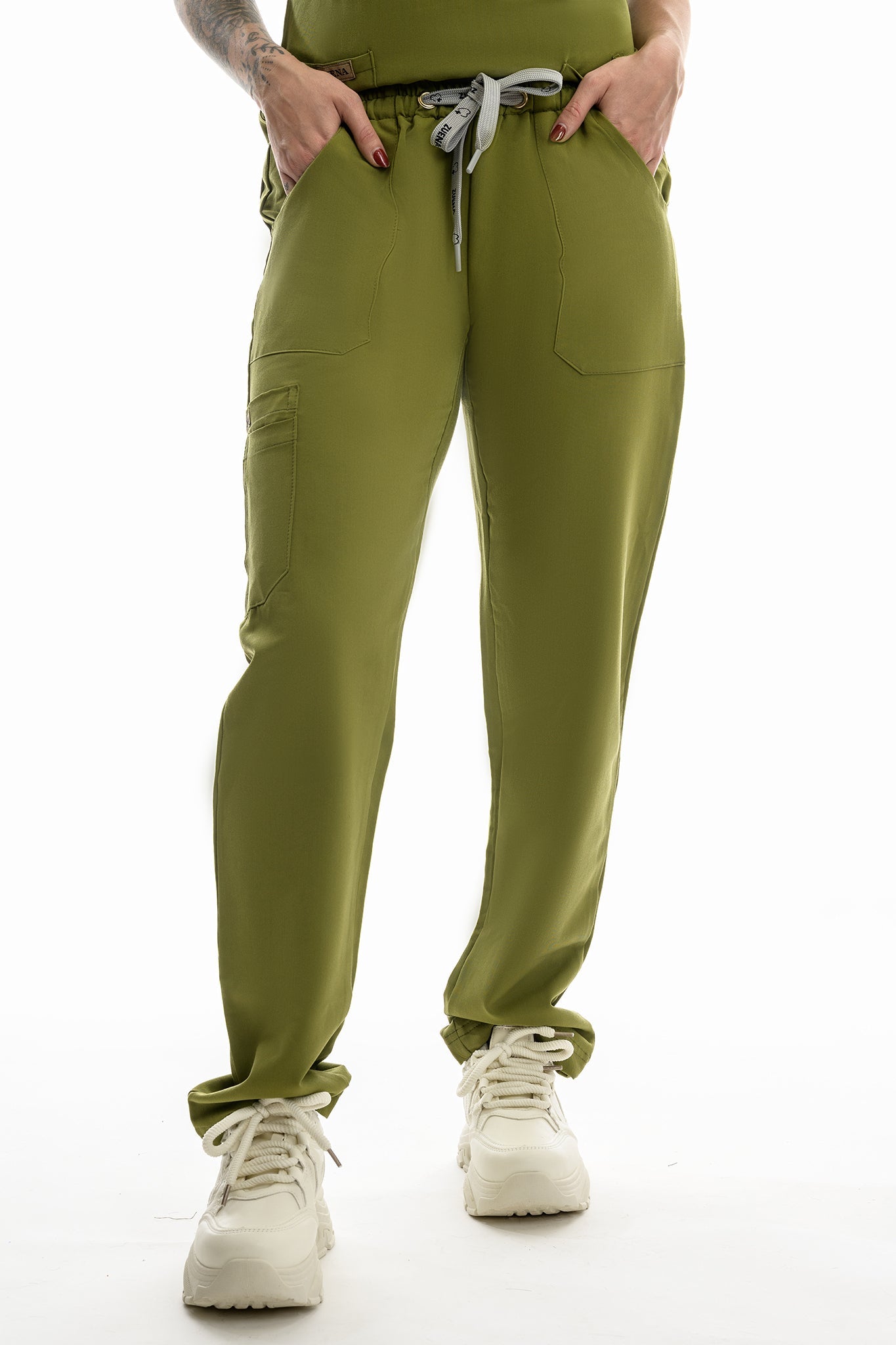 Olive green Zuena Olive Grove scrub pants with elastic waistband and multiple pockets for healthcare professionals