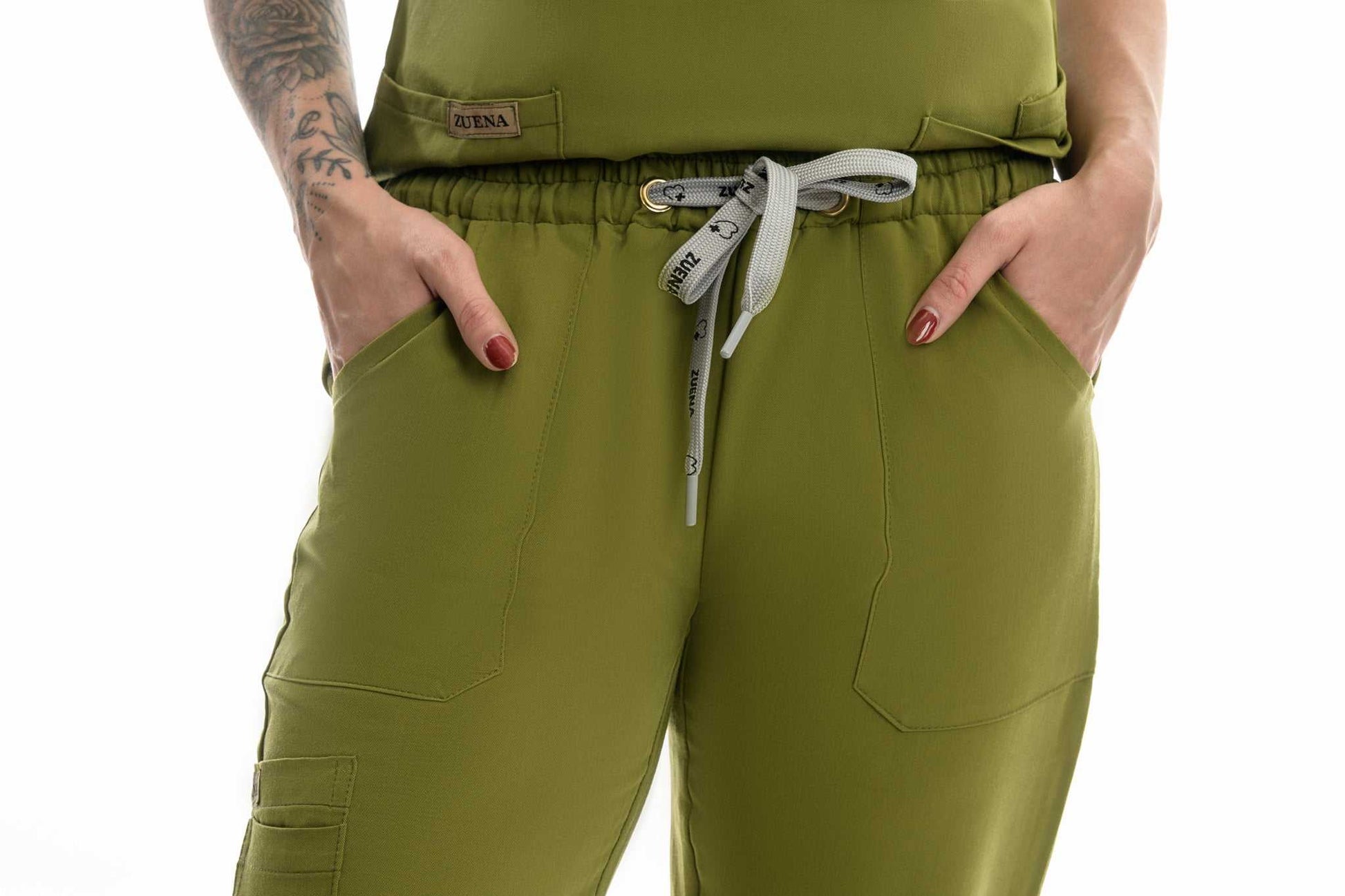 Zuena Olive Grove scrub pants with elastic waistband, five pockets, and straight leg for comfort and style