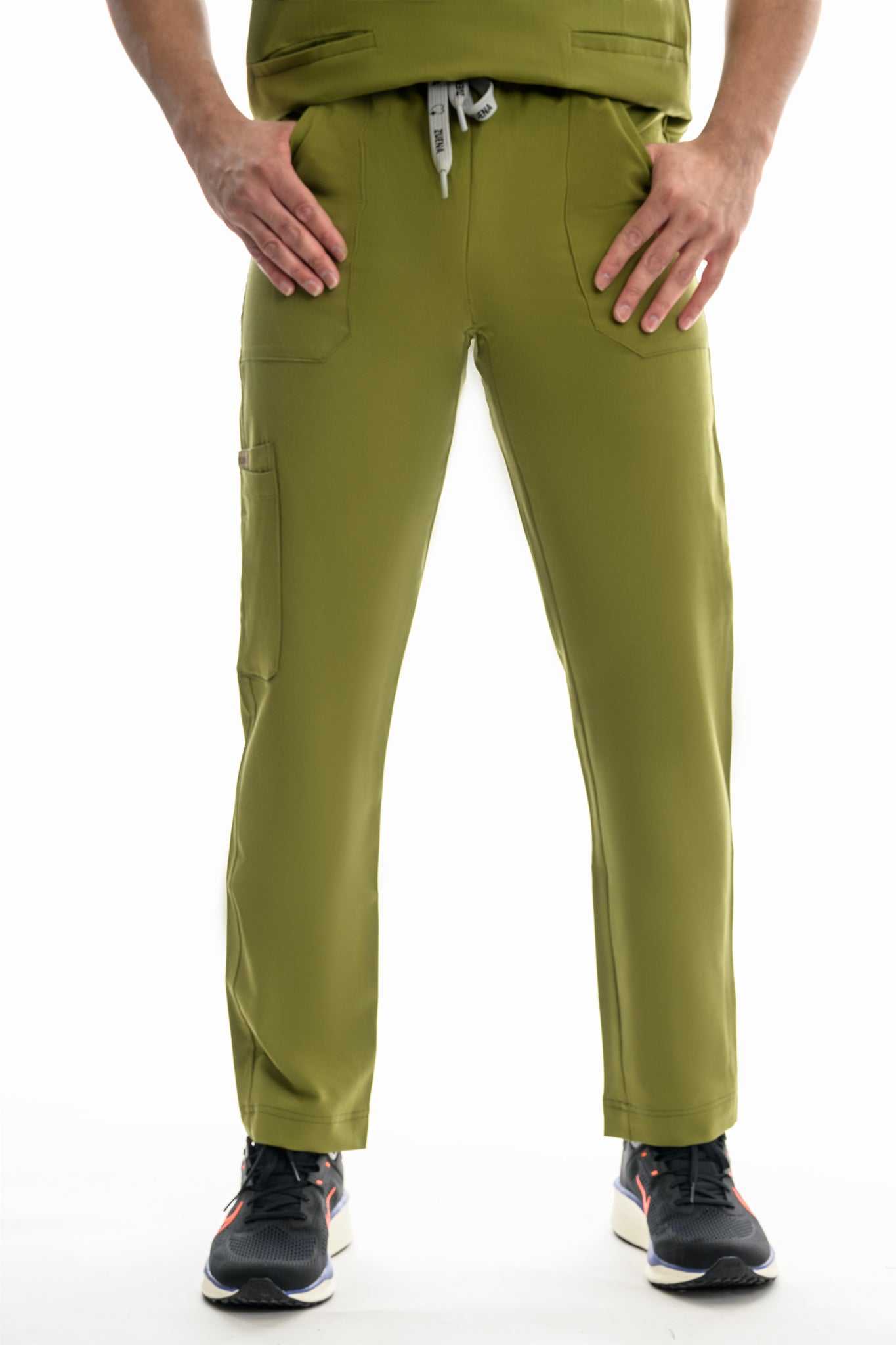 Men's Zuena Olive Groove Scrub Pants with 5 pockets, elastic waistband, and straight leg design