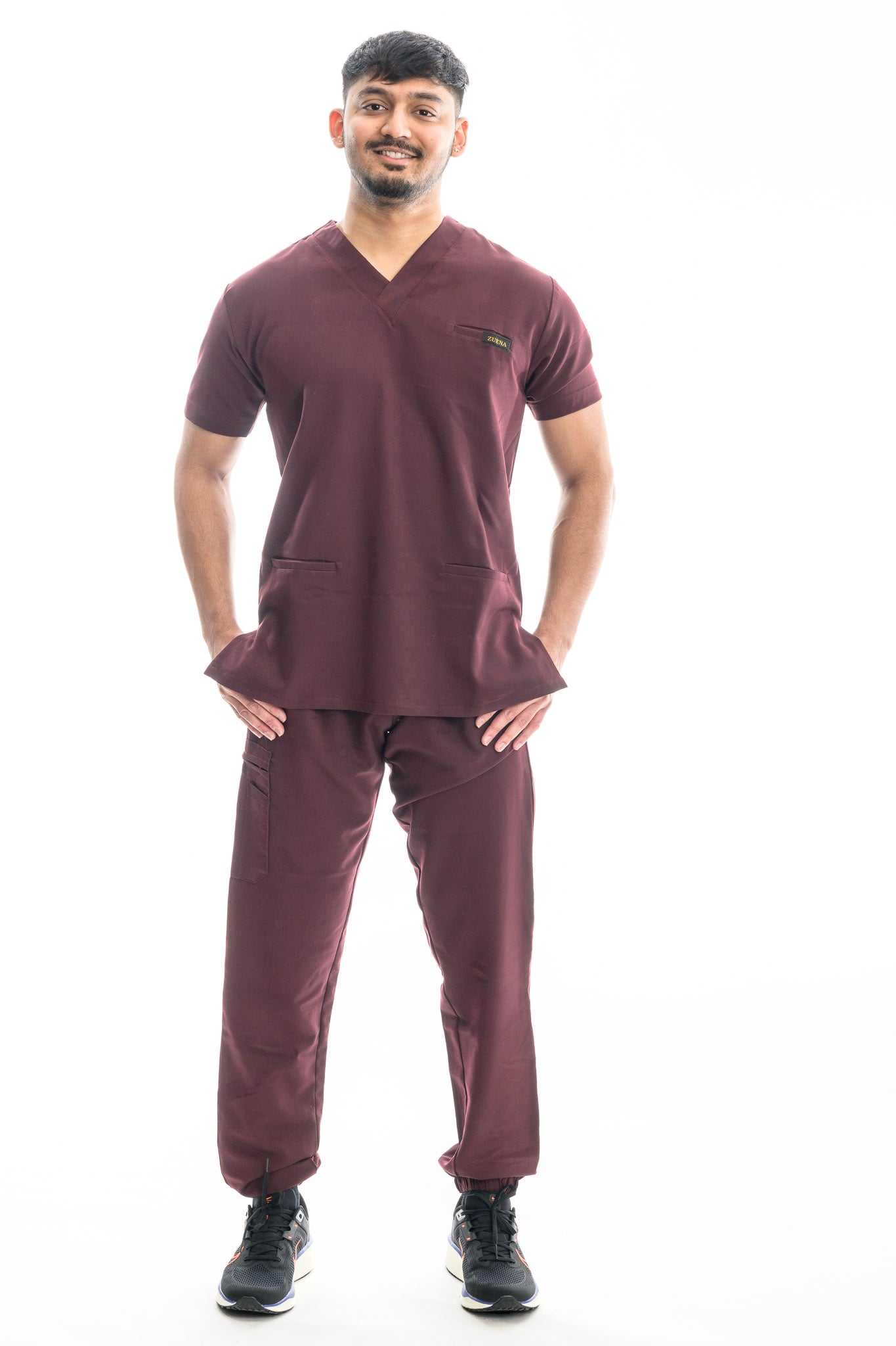 Burgundy Bloom Figs scrubs set for healthcare professionals.