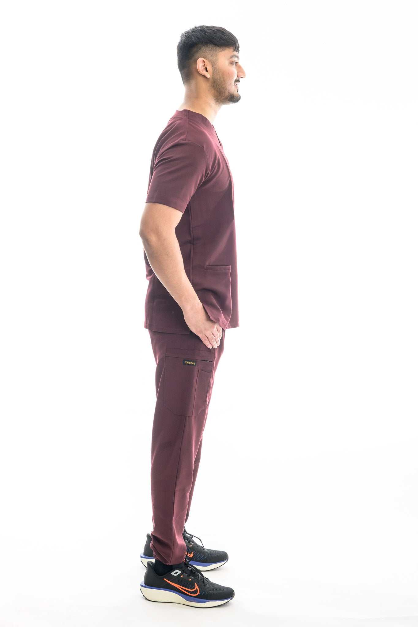 Burgundy Bloom Figs scrubs set for healthcare professionals.