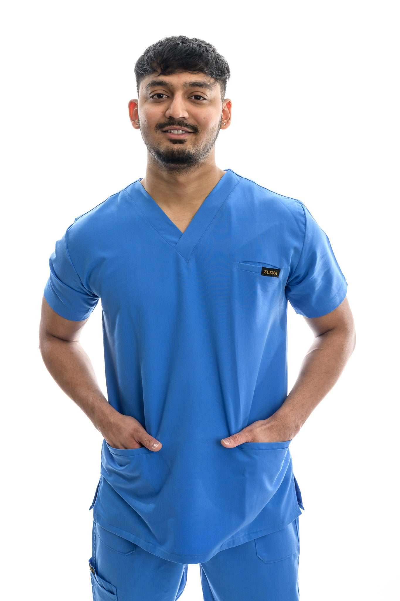 Professional scrubs Skyward Bound Scrubs Set in blue, featuring durable, breathable fabric and multiple pockets for healthcare professionals.