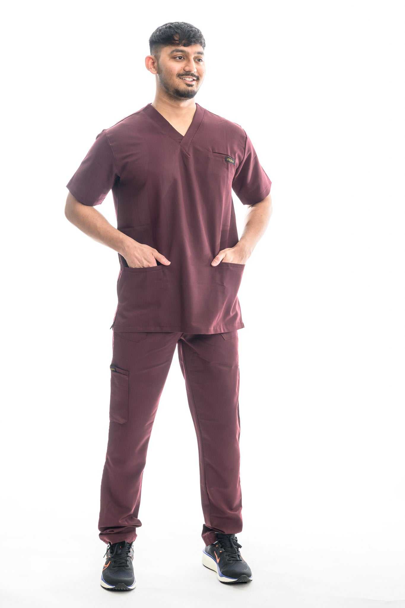 Burgundy Bloom Figs scrubs set for healthcare professionals.