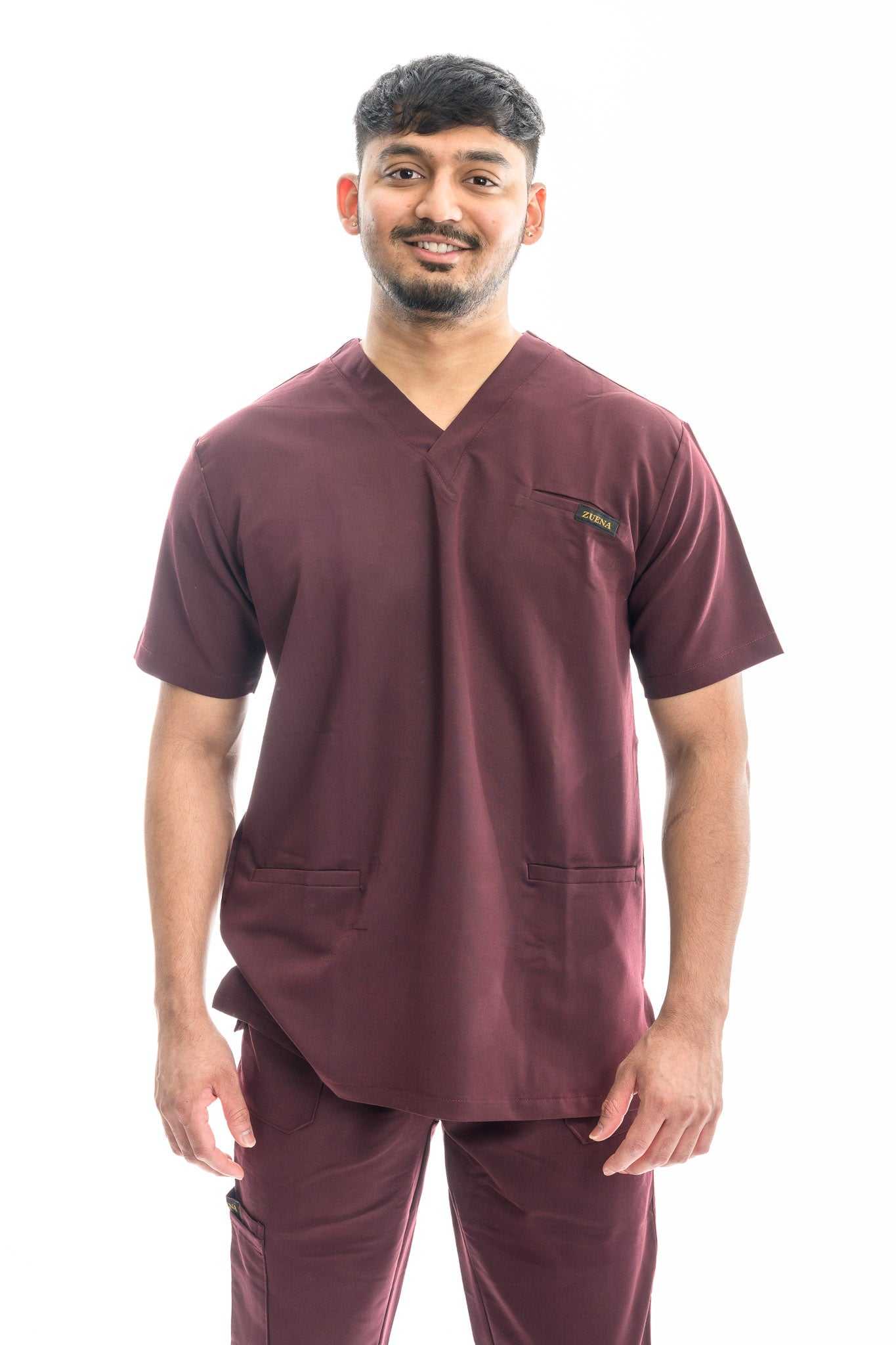 Burgundy Bloom Figs scrubs set for healthcare professionals.