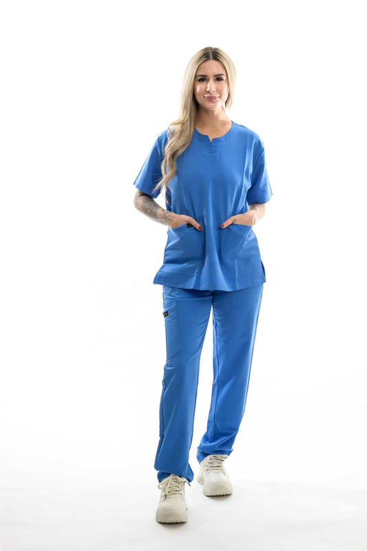 Professional scrubs Skyward Bound Scrubs Set in blue, featuring a comfortable and durable design for healthcare professionals.
