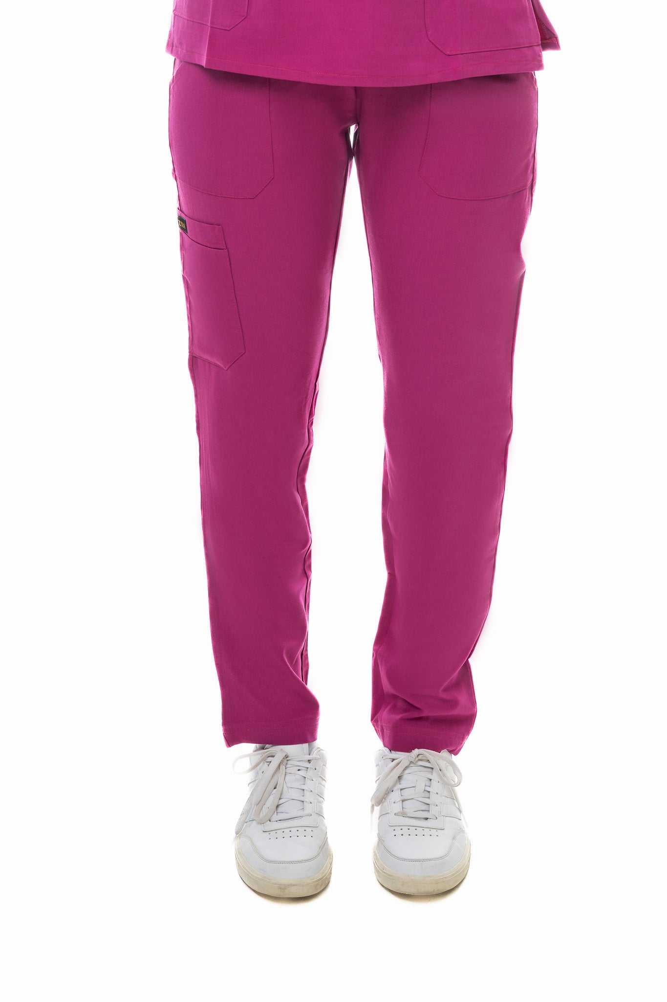 Zuena Rose Petal Scrub Pants with elastic waistband, five pockets, straight leg design for comfort and durability.