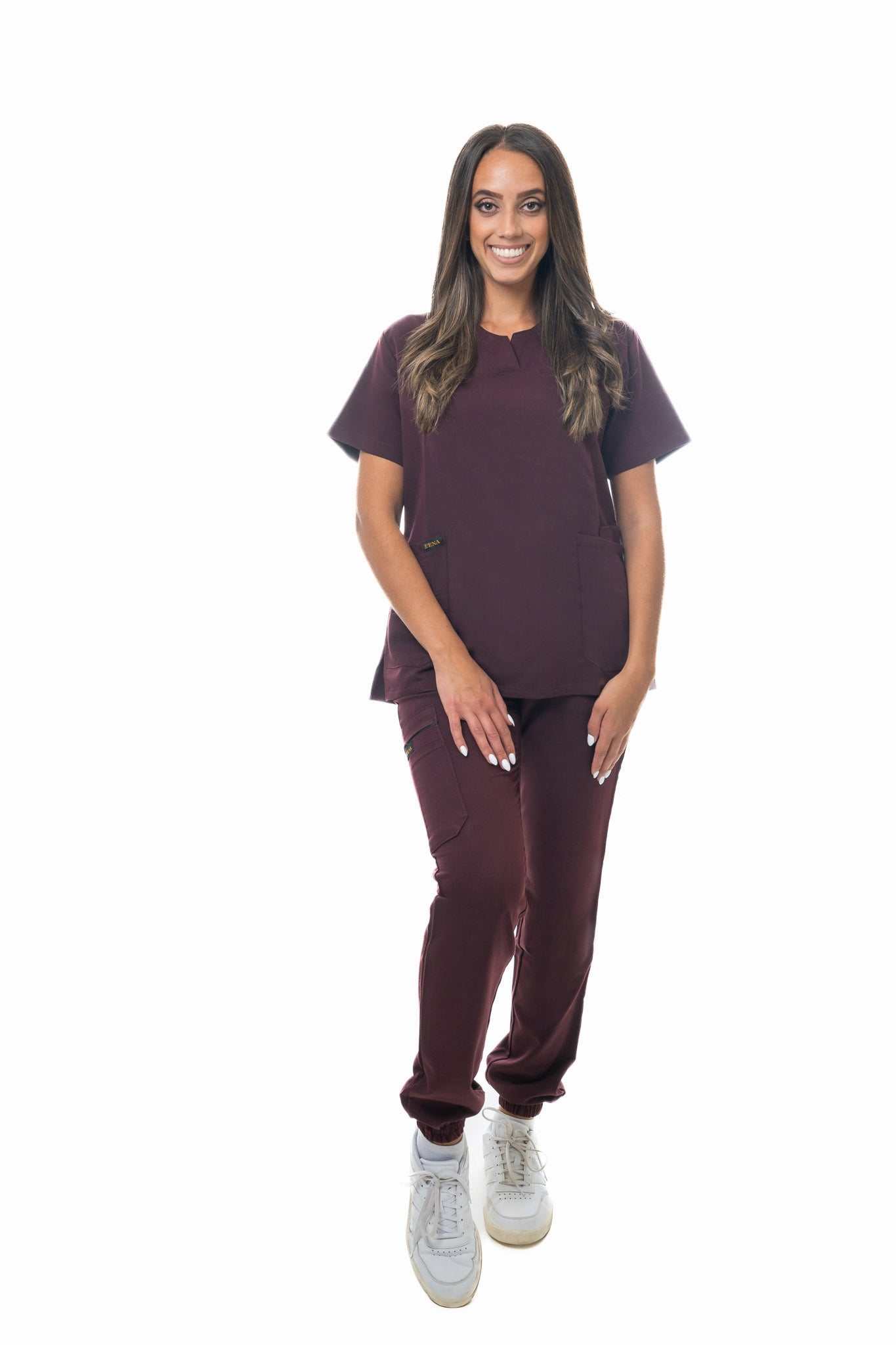 Zuena Burgundy Bloom scrub bottom with elastic waistband, 5 pockets, straight leg, designed for comfort and durability in healthcare settings